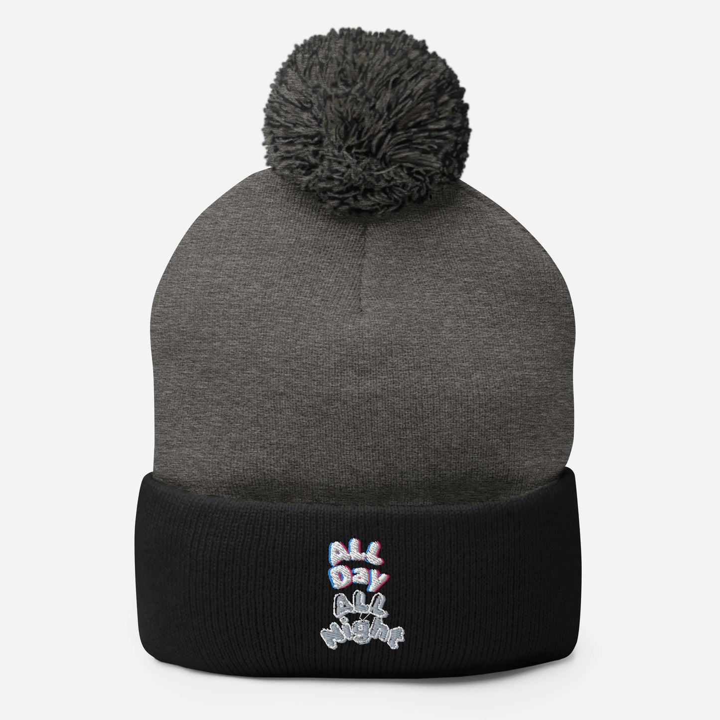 Embroidered All Day All Night Pom-Pom Beanie
