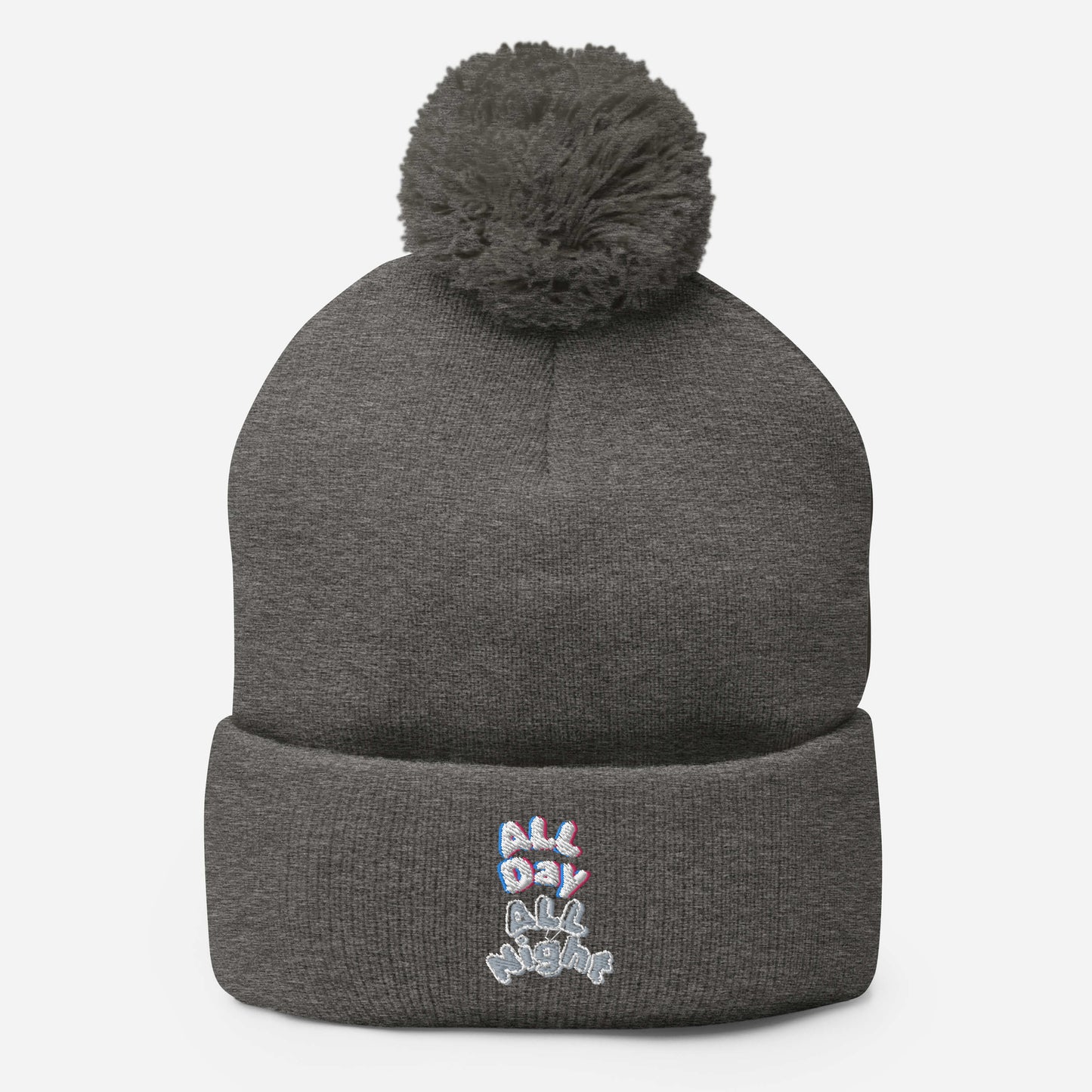 Embroidered All Day All Night Pom-Pom Beanie