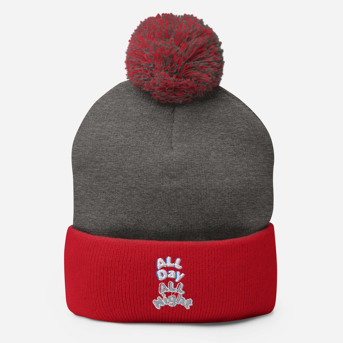 Embroidered All Day All Night Pom-Pom Beanie