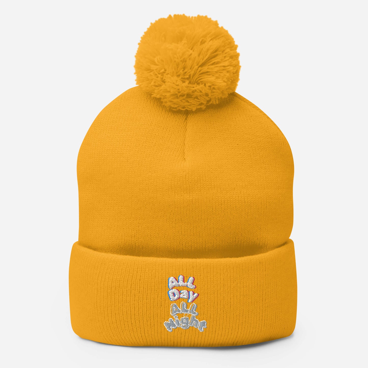 Embroidered All Day All Night Pom-Pom Beanie