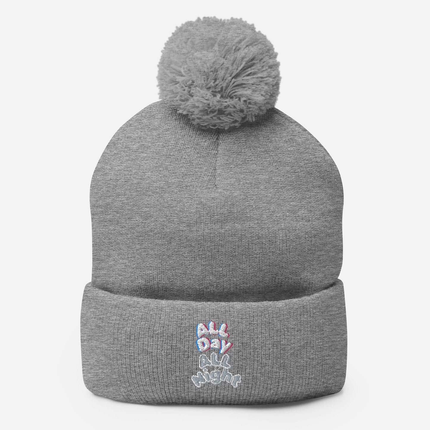 Embroidered All Day All Night Pom-Pom Beanie