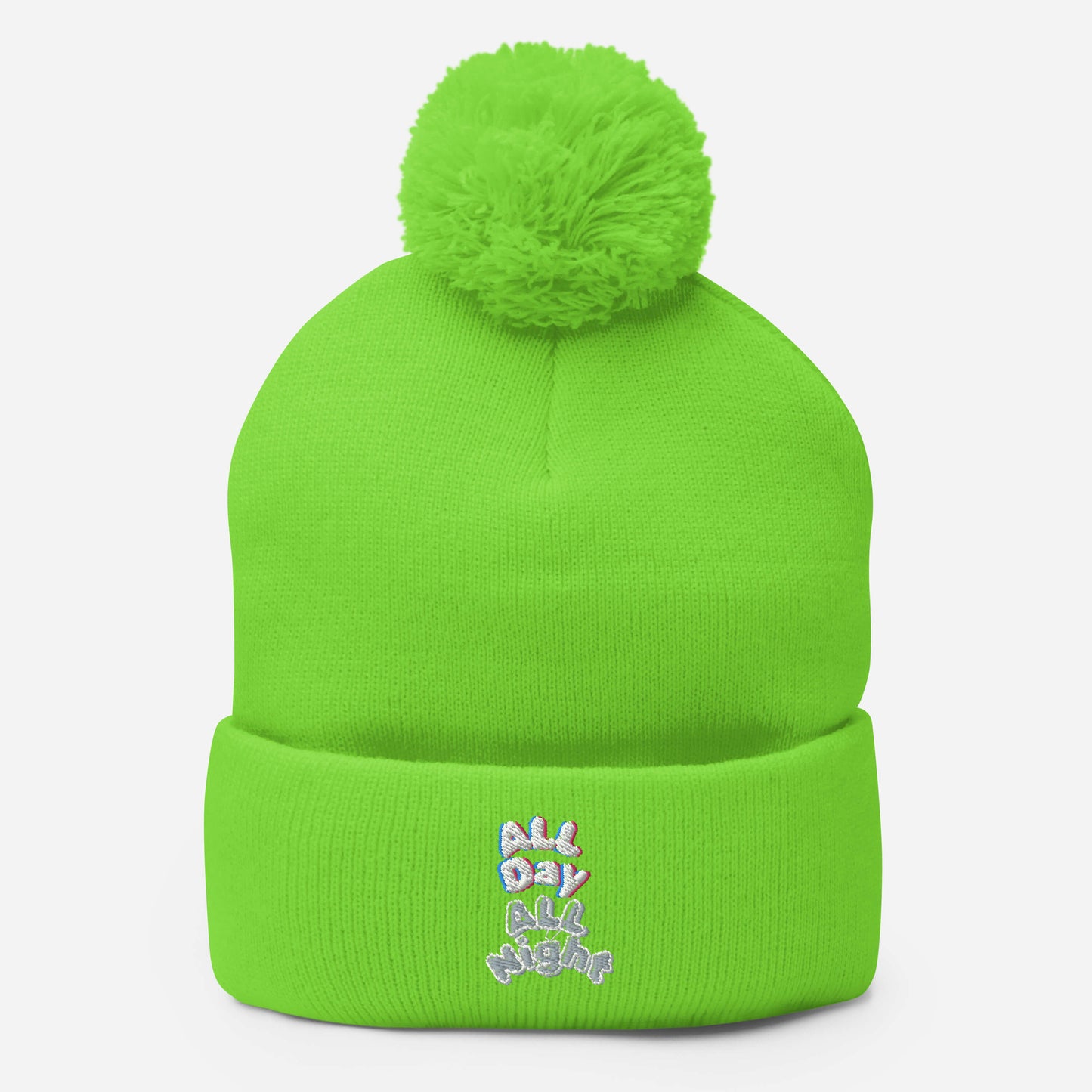 Embroidered All Day All Night Pom-Pom Beanie