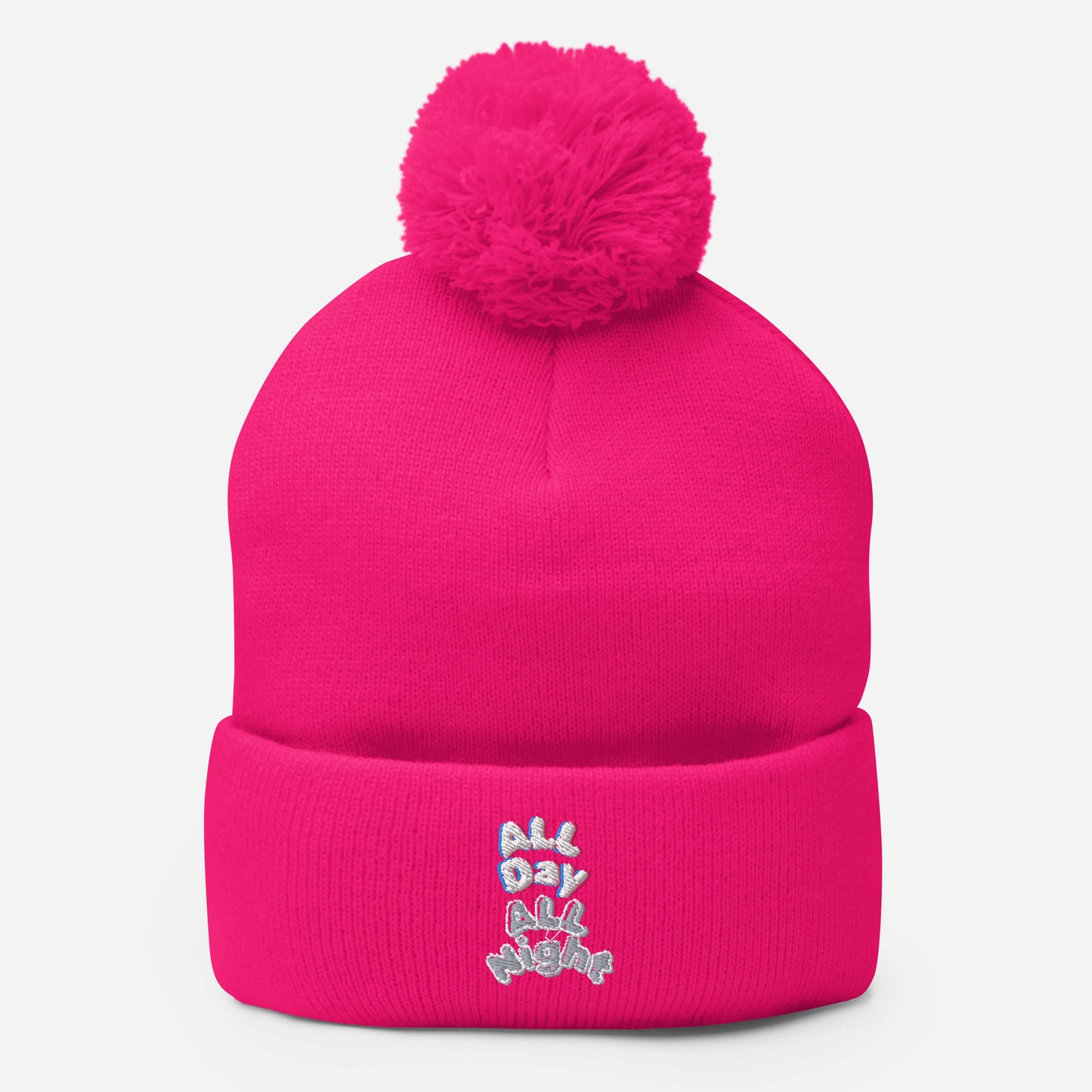 Embroidered All Day All Night Pom-Pom Beanie