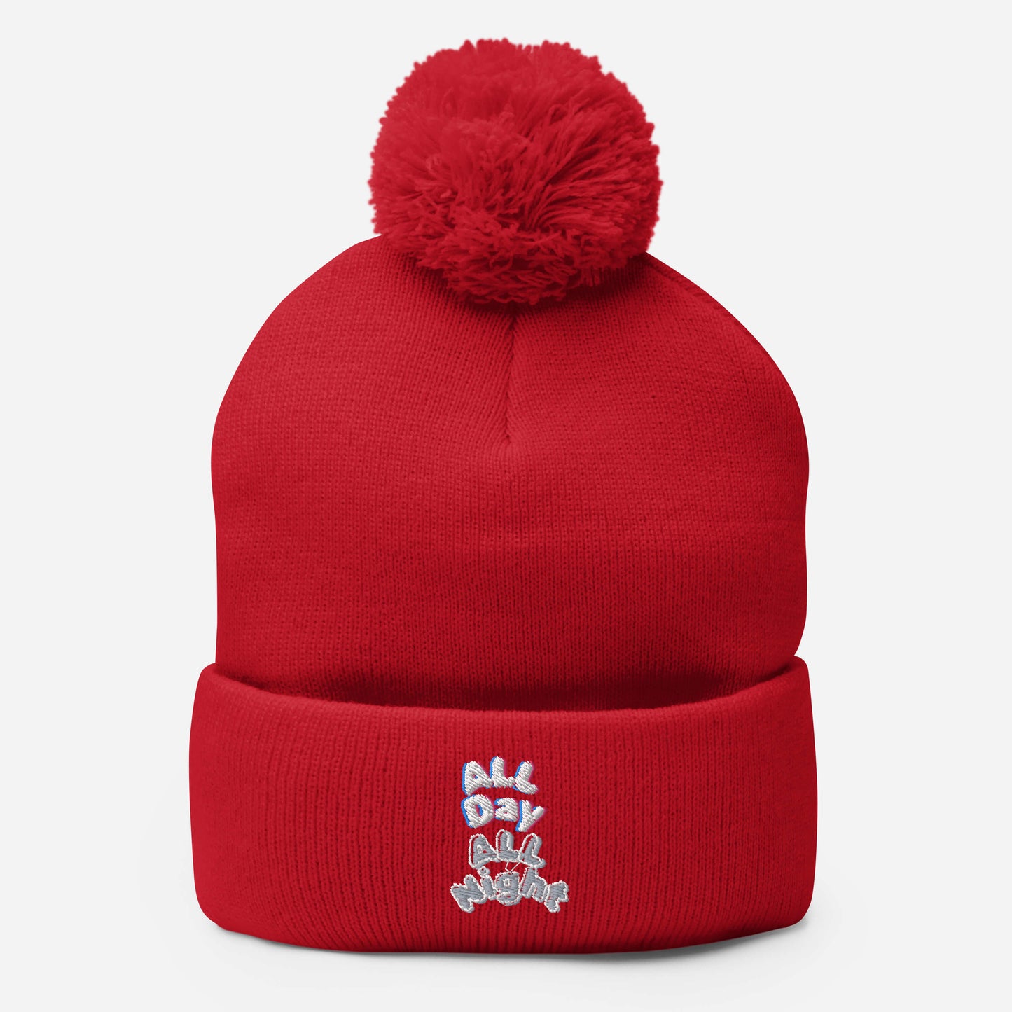 Embroidered All Day All Night Pom-Pom Beanie
