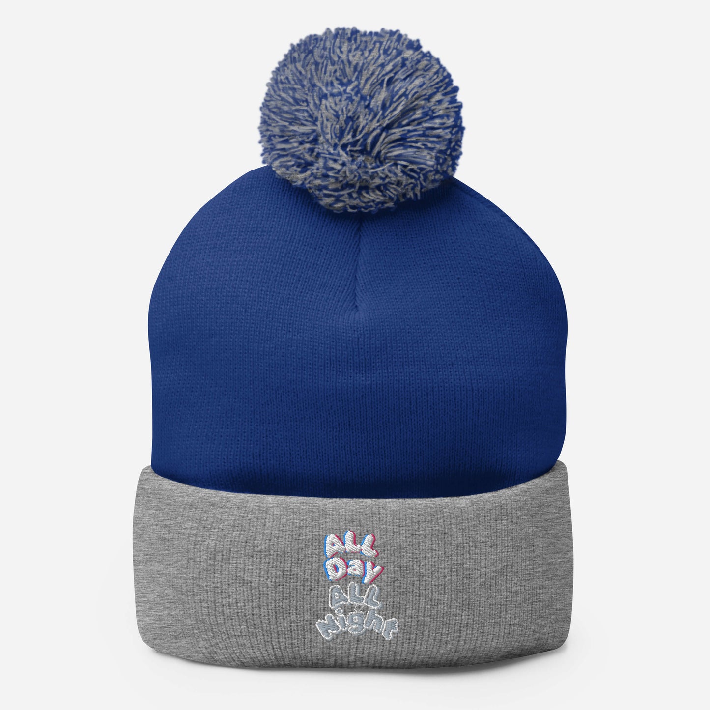 Embroidered All Day All Night Pom-Pom Beanie