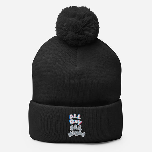 Embroidered All Day All Night Pom-Pom Beanie